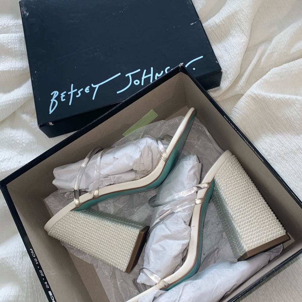 Ellen pearl bridal chunky block heels with translucent strap something blue